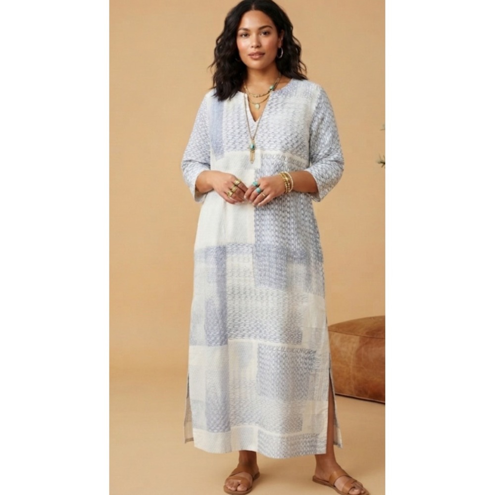 Poetry Tencel Linen Patchwork Print Tunic Dress Blue Cream Womens‎ 18 UD34 UK22